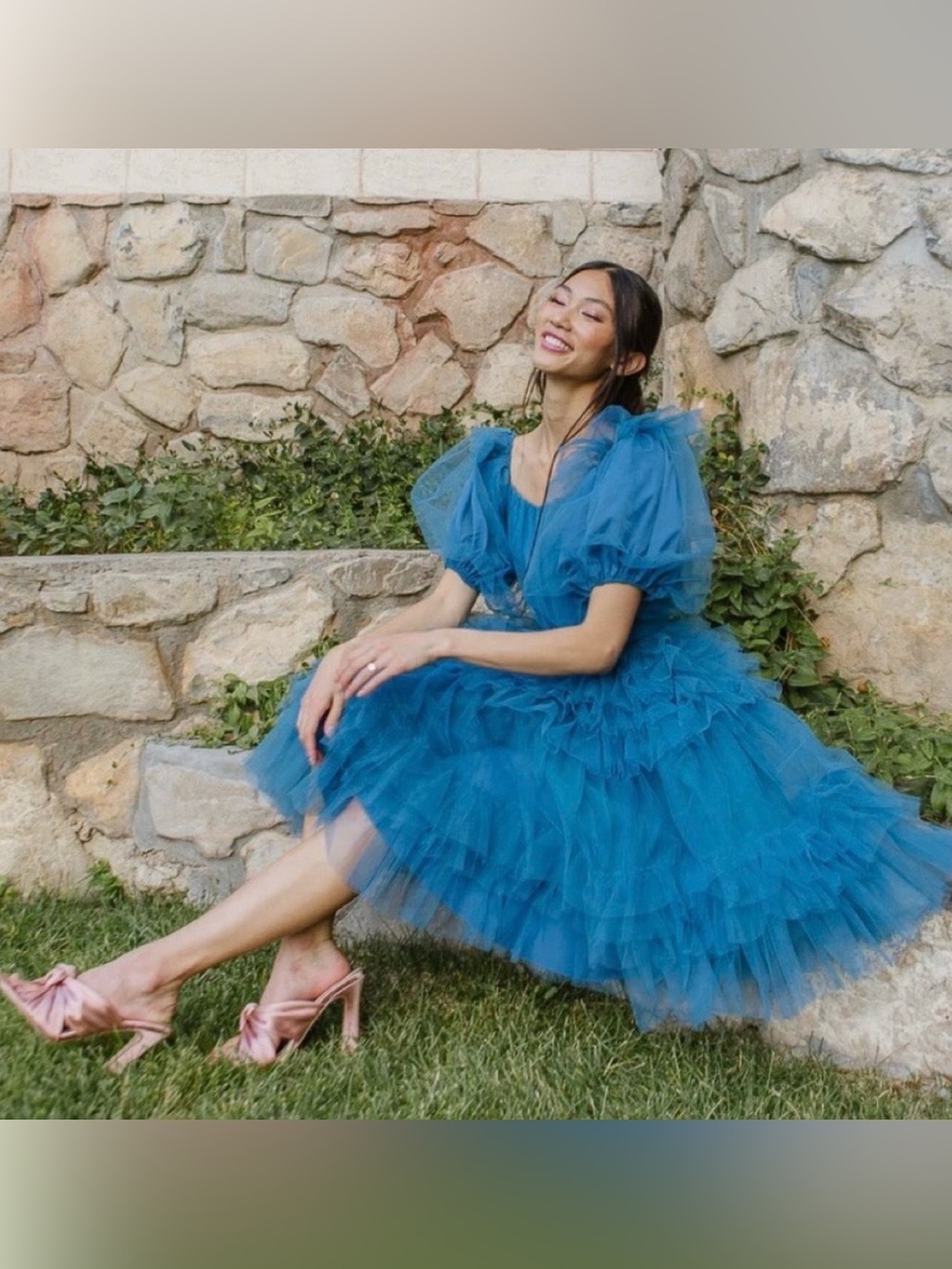 Ivy City Co Pixie Blue Tulle Puff-Sleeve Midi Dress